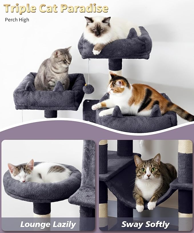 Heavy Duty Cat Tree for Indoor Cat, 71 Inch Large Cat Tower with Scratching Post and Top Perch, Hammock, Big Cat Condo for Adult Cats Kittens, PMT03DG, Dark Grey
