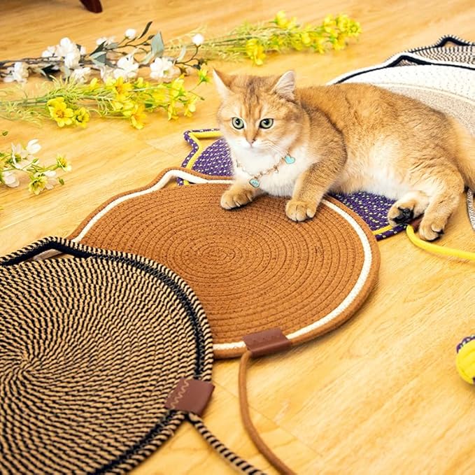 LOS ANDES 15.7'' Cat Scratcher Mat, Natural Cotton Rope Round Pad for Cats, Indoor Scratching Pads with Chew Rope and Ball, Cat Furniture Protector for Wall, Couch, Carpets, Sofa