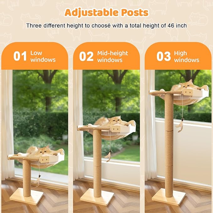 Cat Window Perch with Scratching Post, 46" Adjustable Tall Scratching Posts & Suction Cup – White Fluffy Cusion, Multi-Level Perch for Climbing, Bird Watching, Play, Supports 45 lbs (Drilling-Free)