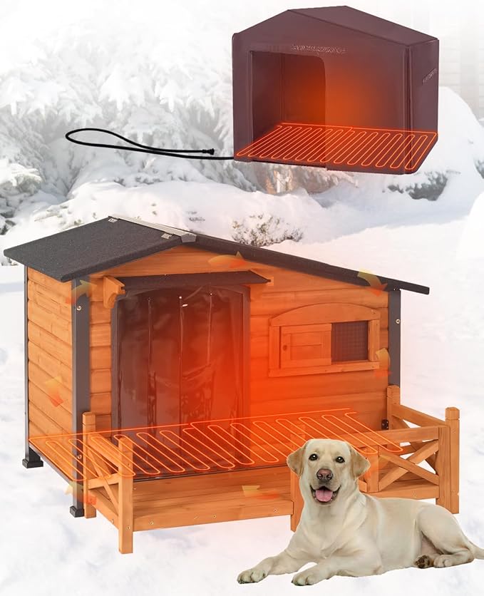 GUTINNEEN Heated Dog House Outdoor with Proch Weatherproof Dog Kennel with Heating Pad Anti-Chewing Iron Frame Dog Shelter for Small Medium Dogs(Brown)