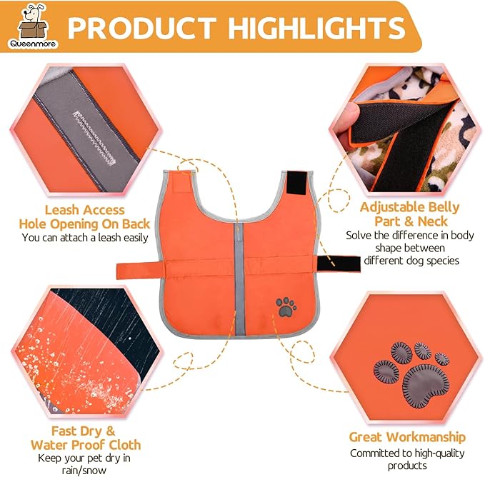 Queenmore Cold Weather Dog Coats Loft Reversible Winter Fleece Dog Vest Waterproof Pet Jacket Available in Extra Small, Small, Medium, Large Extra Large Sizes Orange