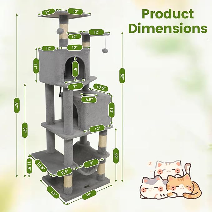 PETSITE 57-inch Modern Cat Tree, Multi-Level Cat Tower with 2 Comfy Condos, Sisal Scratching Posts, Plush Top Perch, Snug Hammock, and Dangling Balls, Ideal for Indoor Cats and Kittens (Grey)