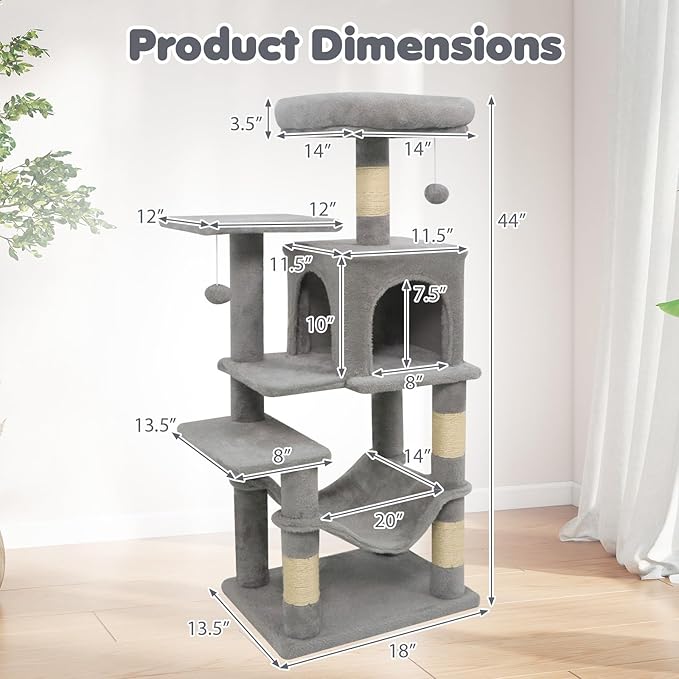 Tangkula Cat Tree Tower, 44 Inch Multi-Level Cat Tower with Sisal Scratching Posts, 2-Door Condo, Padded Top Perch & Hammock, 2 Hanging Balls, Jumping Platforms for Indoor Cats (Light Gray)