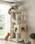 Heybly Heavy Duty Cat Tree, 64.2-Inch Tall Tower for Large Indoor Cats with Widened Structure, Cat Furniture with Big Platforms, Extra-Large Hammock, Sisal Scratching Posts & Board, Beige HCT027M