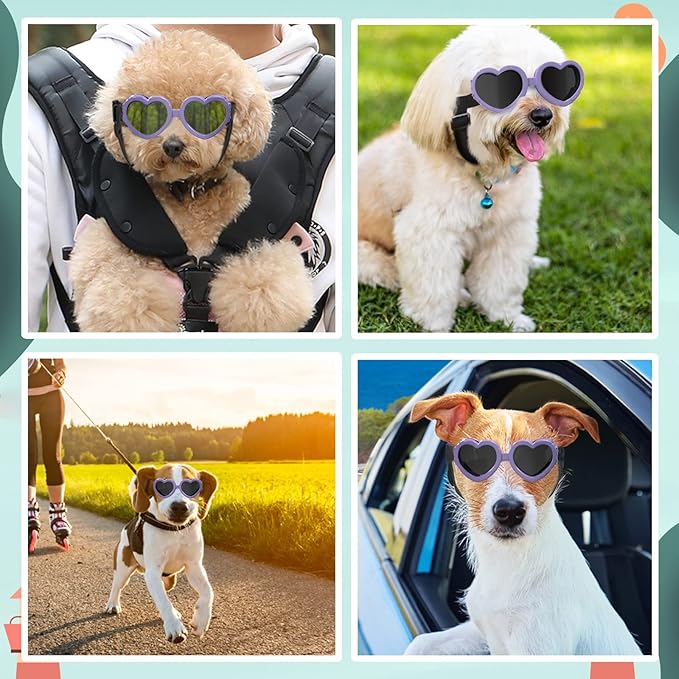 Lewondr Small Dog Sunglasses UV Protection Goggles Eye Wear Protection with Adjustable Strap Doggy Heart Shape Anti-Fog Sunglasses for Pet Dogs Sun Glasses Doggie Windproof Glasses, Macaron Purple