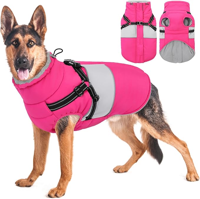 KOESON Dog Coat, Windproof Dog Winter Coat with Harness Built in for Extra Large Dogs, Waterproof Reflective Pet Snow Jacket with Warm Fleece Lining for German Shepherd, Labrador Retriever