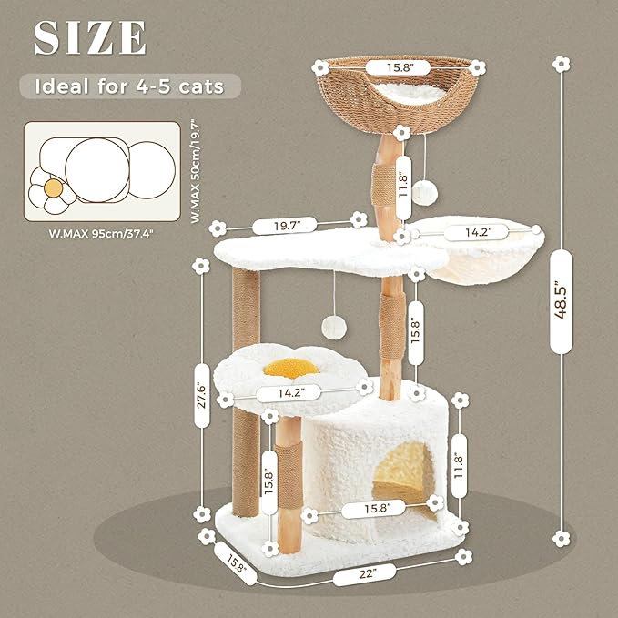 PETEPELA Modern Cat Tree Tower for Indoor Large Cats w/Removable Flower Perch, Real Solid Wood Cat Scratching Posts, Boho Ratten Cat Furniture w/Cozy Condo & Wicker Basket Bed, White