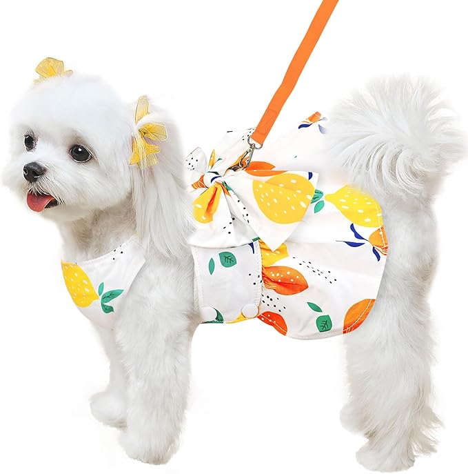 Cute Dog Dress Small Dog Clothes for Girls Female Puppy Outfits Yellow Lemon Pet Summer Clothes Bowknot Doggy Cat Princess Dress Harness for Holiday Birthday Party Costume Clothing (Yellow,XL)