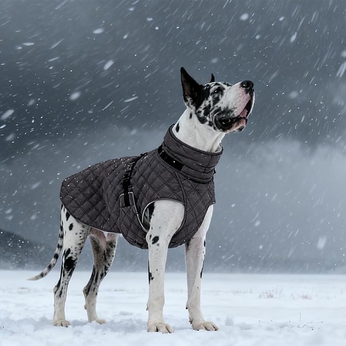 Kuoser Dog Coat Warm Fleece Lining Turtleneck Dog Jacket with Harness Built-in, Windproof Cold Weather Coats with Quick Release Buckle Pet Winter Snowsuit for Extra Large Dogs Great Dane, Grey 3XL