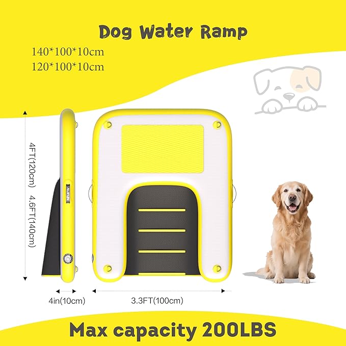 ALIFUN Inflatable Dog Ramp Floating Dock Water Raft Ladder for Pool, Boat, Non-Slip EVA Floating Ladder for Dog Up to 220 LBs Purple 140CM Length (Black-Yellow, for Large Dogs Up to 230 lbs)