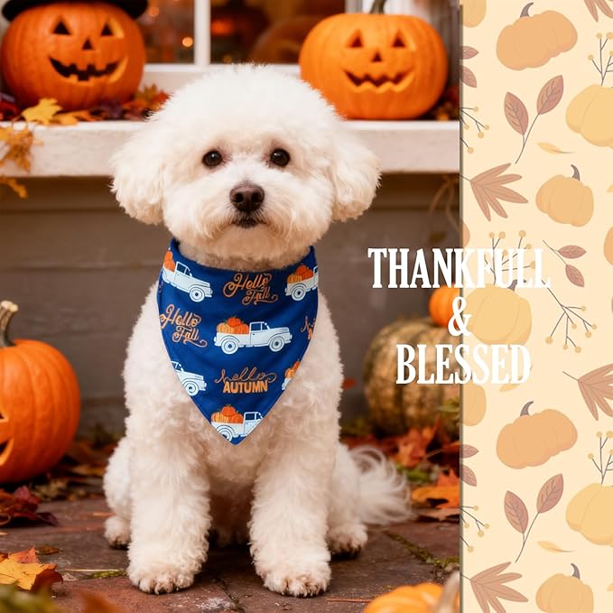 Dog Fall Bandanas - Hello Fall Autumn and Pumpkin Truck - Printed Thanksgiving Holiday Pet Bandana Snap Button Triangle Scarf, Navy, Medium and Large Breed, 30-75lbs