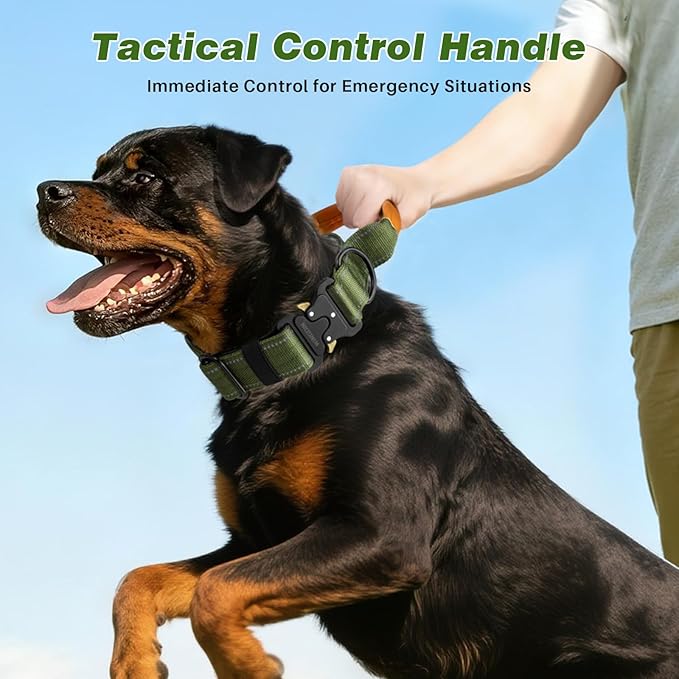 WINGOIN Tactical Dog Collar with AirTag Holder, Reflective Dog Collar for Large Dogs, Metal Buckle, Heavy Duty, Nylon Control Handle for Hunting, Training, Walking, Green, XL