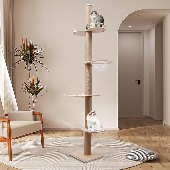 4 Tier Floor-to-Ceiling Cat Tree, Adjustable Height Cat Climbing Tower Set with Space Capsule, Hammock, Cats Scratching Post Climbing Shelves for Cats to Jump Scratch Sleep Play, 100.4-104.3inch H
