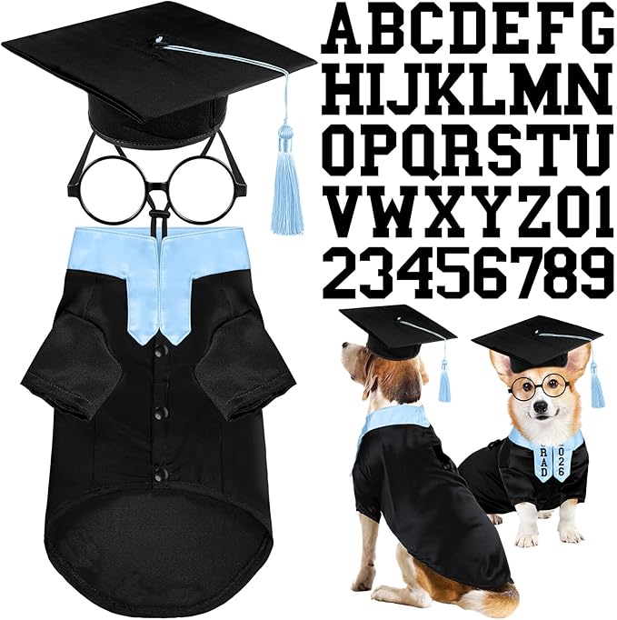 5 Pcs Dog Graduation Costume Set Include 2026 Pet Graduation Gown with Stole Puppy Grad Cap Lensless Glasses DIY Letter Stickers for Dogs Cats Holiday Costume Accessory(Black Light Blue,L)