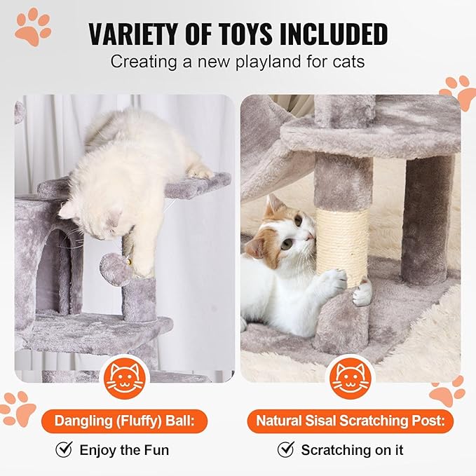 Multi-Level Cat Tree Tower with Sisal Scratching Posts, Plush Condo & Toys - Durable Cat Activity Center for Indoor Cats (Light Grey, 63)