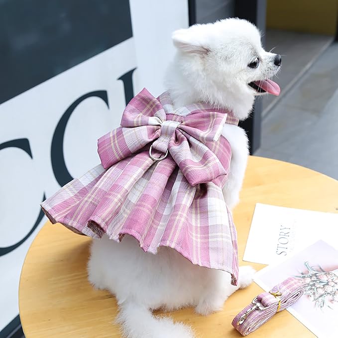 PETCARE Plaid Dog Dress Bow Tie Harness Leash Set for Small Dogs Cats Girl Cute Princess Dog Dresses Spring Summer Puppy Bunny Rabbit Clothes Chihuahua Yorkies Pet Outfits,Chest 19"