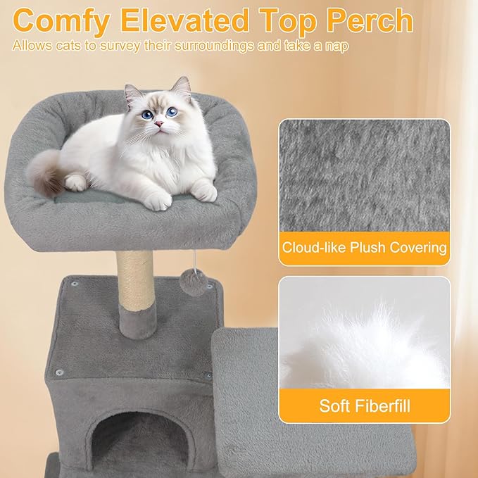 DORTALA Cat Tree for Indoor Cats, 58" Tall Cat Tower with Top Perch, Condo, Hammock, Sisal Scratching Posts, 3 Dangling Balls, Platforms, Multi-Level Pet Climbing Furniture Playground (Light Grey)