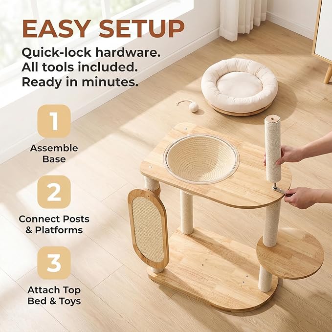 Solid Rubber Wood Cat Tree Tower with Scratching Posts Cat Scratching Ball and Board Washable Easy Clean for Large & Multi-Cat Homes