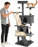 BLKMTY Cat Tree 70" Tall Cats Tower Large Cat Condo Climber Cats Climbing Stand with Top Perches Playhouse and Climbing Ladder Kitty Activity Tree w/Scratching Post Toys, Ashy