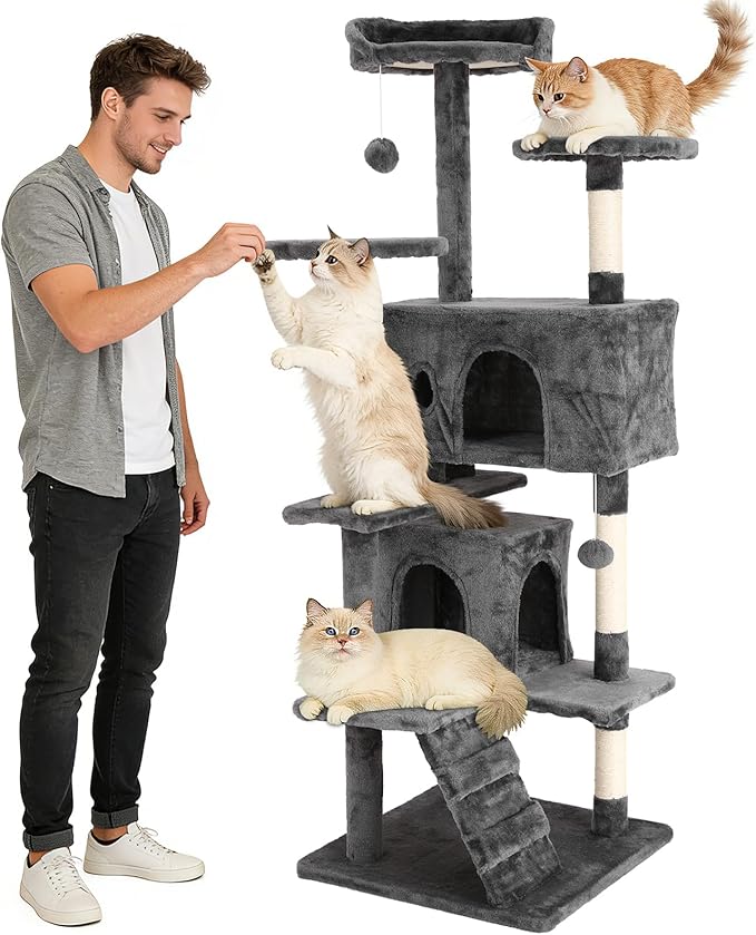 BLKMTY Cat Tree 70" Tall Cats Tower Large Cat Condo Climber Cats Climbing Stand with Top Perches Playhouse and Climbing Ladder Kitty Activity Tree w/Scratching Post Toys, Ashy