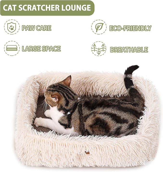 Fluffy Cat Scratcher Lounge Box with Removable Cardboard,Cat Rectangular Bed with Corrugated Board, Pet Scratching Pad for Furniture Protection, Training Toy (Beige)