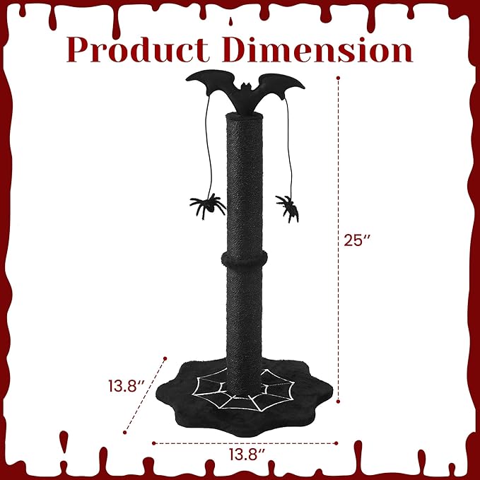 Gothic Cat Scratching Post with Spider Dangling Toys for Indoor Cats, Sisal Scratch Pole, Durable Monster-Themed Scratch Post, Suitable for Kittens and Large Cats, Black