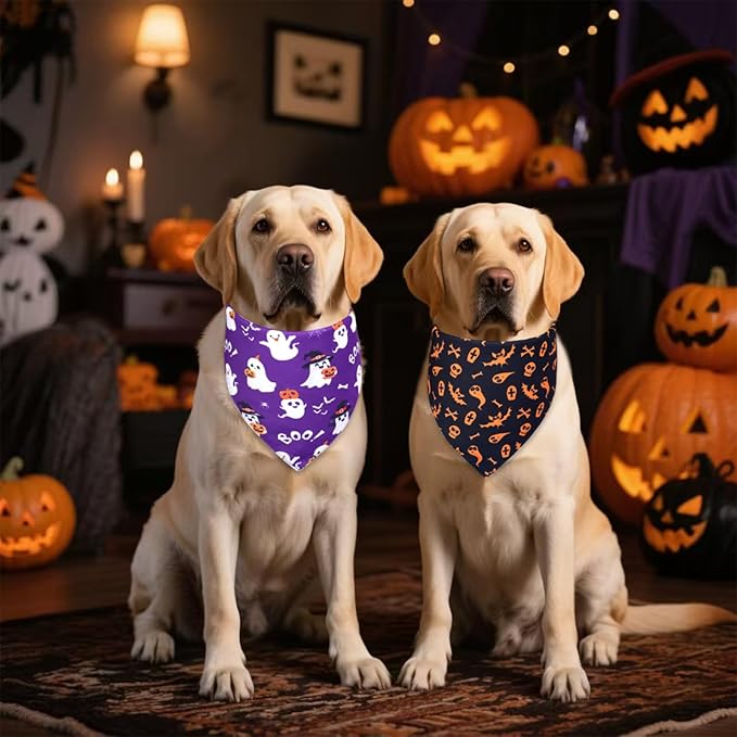 Halloween Dog Bandanas 2-Pack for Medium to Large Dogs - Reversible Ghost Pumpkin Print Scarf - Brown & Black for Costume Parties