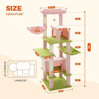 PEQULTI 66" Cat Tree for Indoor Cats, Tall Cat Tower for Large Cats with Scratching Post, Super Large Metal Hammock[20''X12''] and 2 Big Condos, Pink