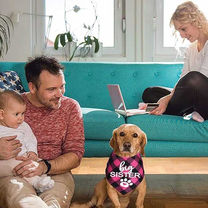 Big Sister Dog Bandana, Plaid Pregnancy Announcement Dog Bandanas for Dogs (Pink, Big Sister)