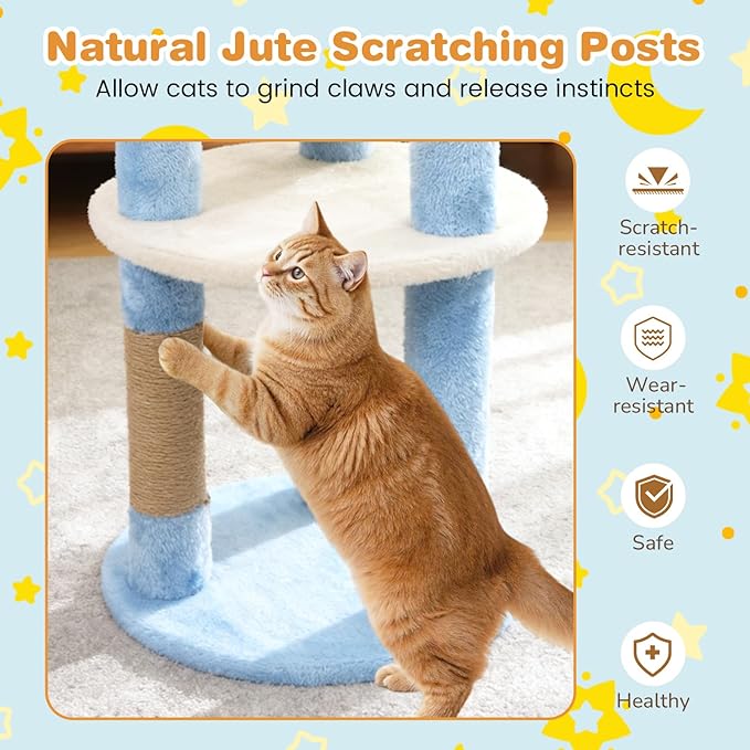 Tangkula Cute Cat Tree, 29 Inch Multi-Level Cat Tower with Jute Scratching Posts, Star & Moon Shaped Platforms, Perch Dangling Toy, Cat Climbing Furniture for Indoor Cats (Blue)