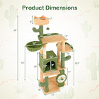 Tangkula Cactus Cat Tree, 63 Inch Multi-Level Tall Cat Tower with Sisal Scratching Posts & Board, Condo, Padded Perch, Hanging Toys, Basket Bed, Platforms, Green Cute Cat Tree for Indoor Cats