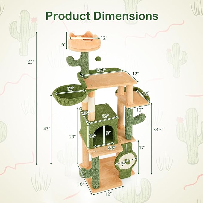 Tangkula Cactus Cat Tree, 63 Inch Multi-Level Tall Cat Tower with Sisal Scratching Posts & Board, Condo, Padded Perch, Hanging Toys, Basket Bed, Platforms, Green Cute Cat Tree for Indoor Cats