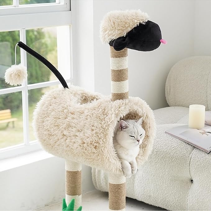 ZEZE Tunnel Cat Tree Condo for Indoor Cats, Animal-Themed Cat Tower with Cozy Tunnel Hideout, 3 Sisal Scratching Posts, Hanging Ball Toy, Thick Base (Sheep)