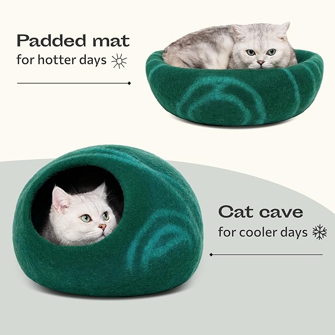 MEOWFIA Cat Cave – Premium Felt Cat Bed for Indoor Cats, Handmade Merino Wool (Emerald, Large)
