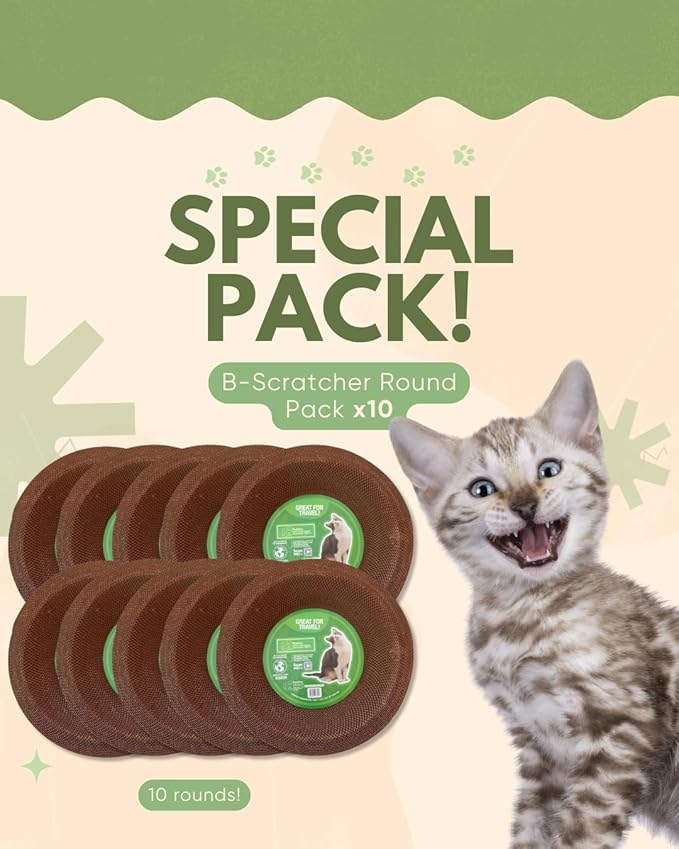 Cardboard Cat Scratchers Pack, Long-Lasting Cardboard Cat Durable Scratching Pads to Protect Furniture, Sturdy Corrugated Design, Safe for Claws (B-Scratcher Round Pack x 10)