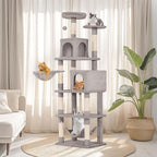 68-Inch Cat Tree Tower for Large Cats, Climbing Tower for Indoor Adult Cats,Activity Center,5 Scratching Posts, 2 Perches, 2 Caves, Hammock (Light Gray)