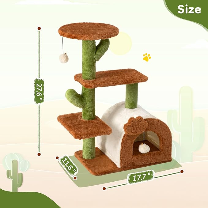 Cactus Cat Tree for Indoor Cats with Cozy Condo Wide Top Perch Multi-Level Climbing and Lounging Space 27.5inch Plush, Brown