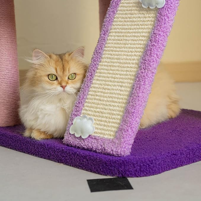 Happy and Polly 52.8 inch Moonlight Cat Tree with Celestial Moon and Star Pendants, Purple Plush Cat Tower with Hammock and Multi Level Perches