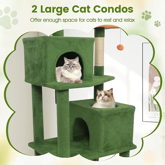 PETSITE Multi-Level Cat Tree, 75 Inches Tall with Sisal Scratching Posts, 2 Condos, Hammock, Dangling Balls, and Cozy Top Perch, Ideal for Indoor Cats to Play and Rest (Green)