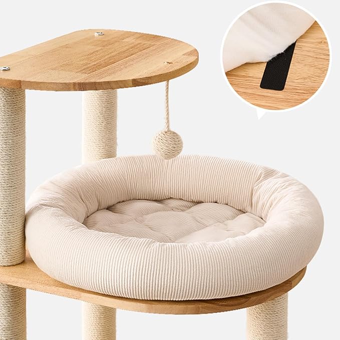 Solid Rubber Wood Cat Tree Tower with Scratching Posts Cat Scratching Ball and Board Washable Easy Clean for Large & Multi-Cat Homes