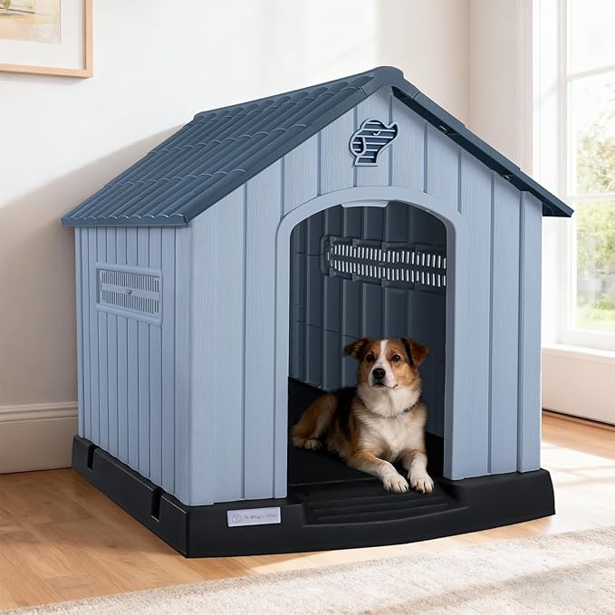 LEMBERI Durable Waterproof Plastic Dog House for Small to Large Sized Dogs, Indoor Outdoor Doghouse with Air Vents and Elevated Floor, Easy to Assemble (Blue, 40" L x 37.2" W x 40" H)