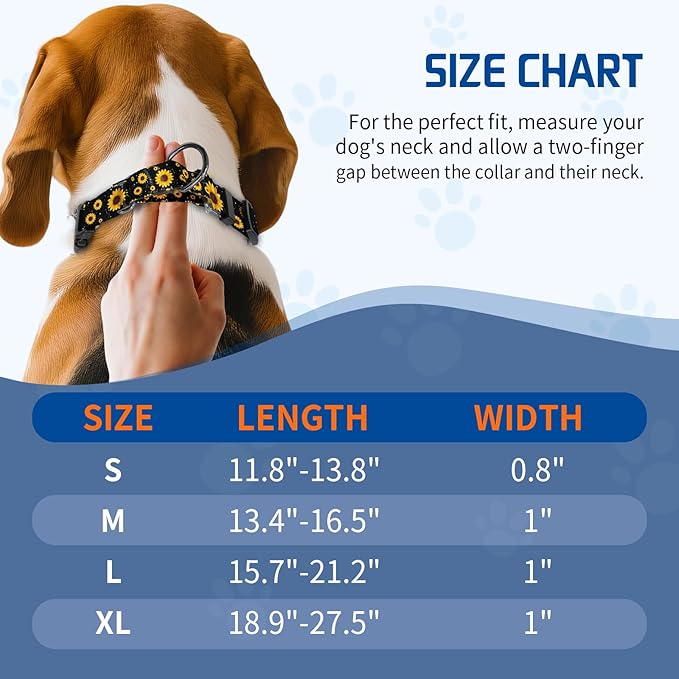 Kazazoo Martingale Collar for Dogs with Quick Release Buckle Adjustable Soft Durable Dog Collar for Small Medium Large No Pull Training Dog Collars-Black Sunflower L