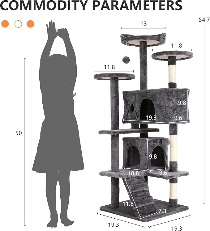 BLKMTY Cat Tree 54" Tall Cats Tower Large Cat Condo Climber Cats Climbing Stand with Top Perches Playhouse and Climbing Ladder Kitty Activity Tree w/Scratching Post Toys, Light Gray