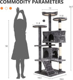 BLKMTY Cat Tree 54" Tall Cats Tower Large Cat Condo Climber Cats Climbing Stand with Top Perches Playhouse and Climbing Ladder Kitty Activity Tree w/Scratching Post Toys, Light Gray