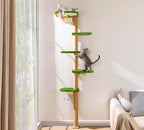 Floor to Ceiling Cat Tree for Kittens, Wall Mounted Cat Wall Furniture with Green Plush Pads, 5 Platform Wild Simulation Climbing Tower, Adjustable Height