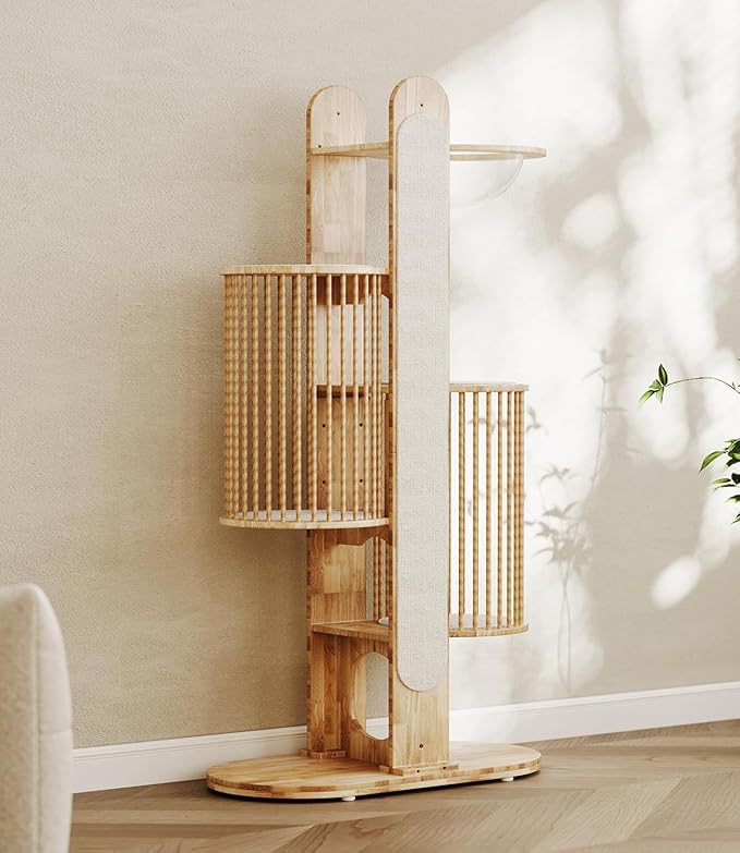 Natural Solid Wooden Cat Tower, 67''Modern Multi-Level Cat Tree Tower, Cat Tower for Indoor with Sisal Scratching Post Luxury Large Cat Furniture，White