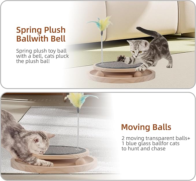 Natural Sisal Round Cat Scratcher，Interactive Cat Ball Track Toy for Indoor Cats，Cat Scratching Pads，Kitten Toys for Chasing Hunting Mental Physical Exercise Puzzle
