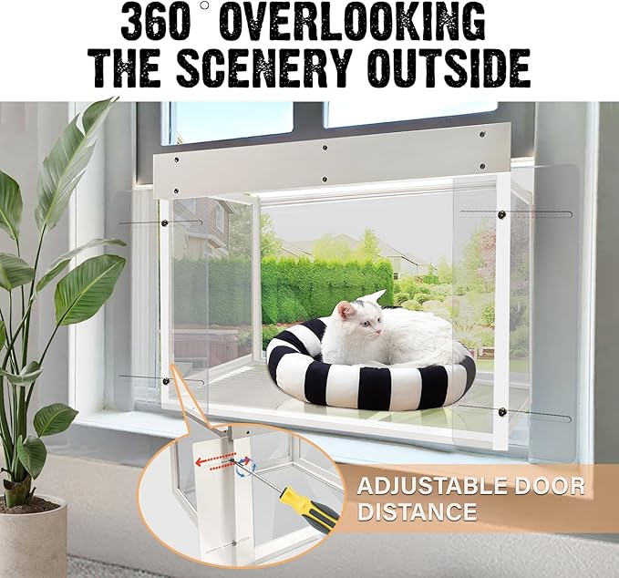 Acrylic Cat Window Catio,Catio Outdoor Enclosure Window with Wooden Frame,Cat Window Box with Waterproof Clear Roof for Sunbathing, Napping,Enjoying The Outdoor Sight