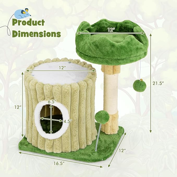 Tangkula Small Cat Tree, Green Cat Tower with Private Cat Condo, Plush Top Perch, Hanging Pompom & Spring Toy, Sisal Scratching Post, Cute Cat Climbing Tree for Indoor Cats