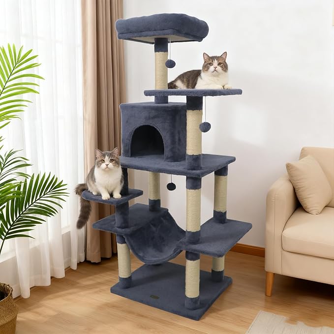 DORTALA Cat Tree for Indoor Cats, 58" Tall Cat Tower with Top Perch, Condo, Hammock, Sisal Scratching Posts, 3 Dangling Balls, Platforms, Multi-Level Pet Climbing Furniture Playground (Grey)